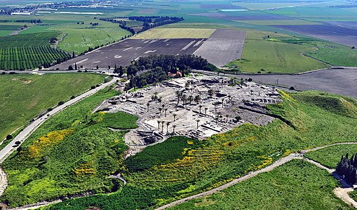 Aerial view of Tel Megiddo, archaeological site in Israel.