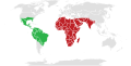 Range map for Zaprionus indianus. Red is historical range, green is recent expansion into the New World.