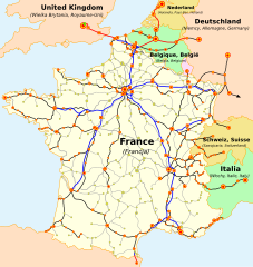 The map of French railways (SNCF) passengers service, including international TGV high-speed trains