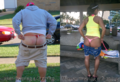 Man wearing a red G-string (labelled left image). Woman wearing a pink G-string (labelled right image)