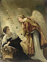 The Annunciation by Gabriel to the Virgin of her coming death. between 1620 and 1669 date QS:P, 1650-00-00T00:00:00Z/7,P1319, 1620-00-00T00:00:00Z/9,P1326, 1669-00-00T00:00:00Z/9 . oil on canvas medium QS:P186,Q296955;P186,Q12321255,P518,Q861259 . 197.7 × 152 cm (77.8 × 59.8 in). Ottawa, National Gallery of Canada.