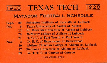 1928 Matador Football Schedule card (front)