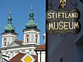 Am Stiftlandmuseum. Im Hintergrund die Türme der Stiftsbasilika