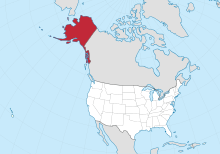 Map showing Alaska to the north-west of Canada, north of the "lower 48" states.