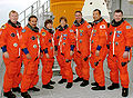 The crew of STS-114: (from left) Andrew Thomas, Charles Camarda, Wendy Lawrence, Eileen Collins, Stephen Robinson, Soichi Noguchi, James Kelly