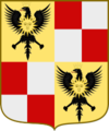 Inquartato, al 1° e 4° d'oro, all'aquila di nero, coronata del campo, caricata in cuore da un sole, pure d'oro, figurato e raggiante; al 2° e 3° controinquartato di rosso e d'argento.