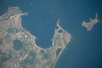 modern town Bacoli and the Gulf of Pozzuoli, photo from ISS