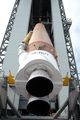 Core stage of an Atlas V being raised to a vertical position (May 6, 2005)