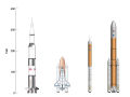 Original designs for the Ares I (near right) and V (far right) compared to Saturn V of Apollo era (Far left) and current Shuttle (near left)