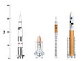 Current designs for the Ares I (near right) and V (far right) compared to Saturn V of Apollo era (Far left) and current Shuttle (near left)