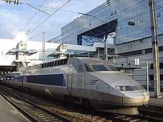 A TGV train inside Rennes station