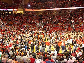 Students and fans rush the court after the unranked Red Raiders upset the #5 Texas Longhorns in 2008.