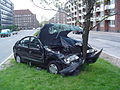 A car has hit a tree head on, on Jagtvej in Copenhagen, Denmark.