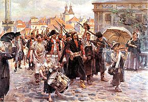 Jan Kiliński leading Russian prisoners through the streets of Warsaw label QS:Len,"Jan Kiliński leading Russian prisoners through the streets of Warsaw" label QS:Lpl,"Jan Kiliński prowadzi jeńców rosyjskich przez ulice Warszawy" , oil on canvas medium QS:P186,Q296955;P186,Q12321255,P518,Q861259 , 1908, 71 × 97 cm (27.9 × 38.1 in), Muzeum Śląska Opolskiego, Opole