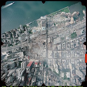 2001 Satellite view of September 11 World Trade Center attacks, New York