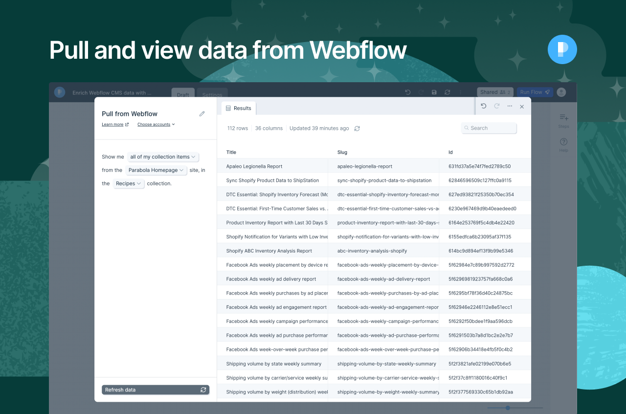 Parabola Viewing a data set that has been pulled from Webflow into Parabola flow2