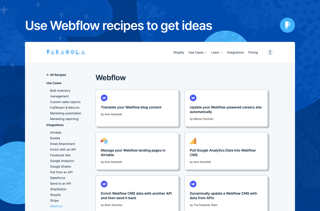 Parabola recipe website page highlighting pre-made templates and examples you can utilize for Webflow specific flows