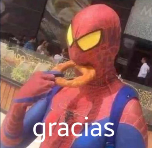 spiderman saying thank you in spanish while eating a donut