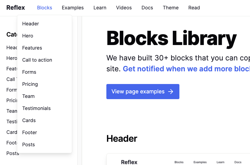 Blocks example site with hover menu