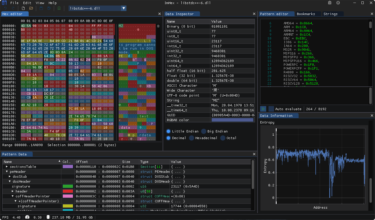 Hex editor, patterns and data information