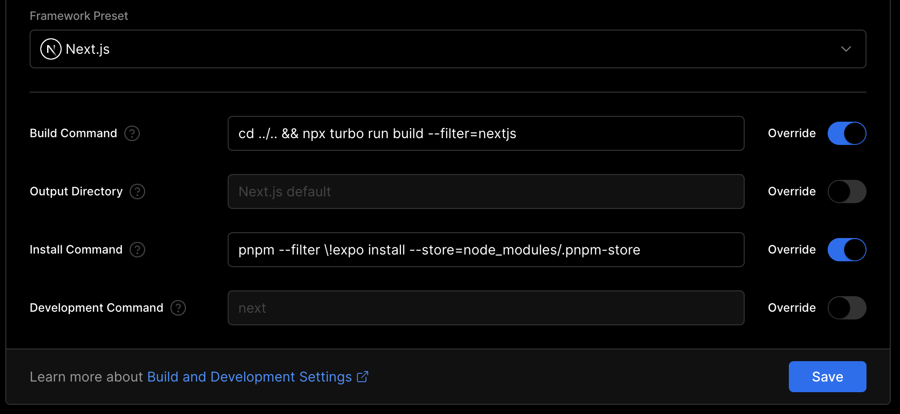 Vercel deployment settings