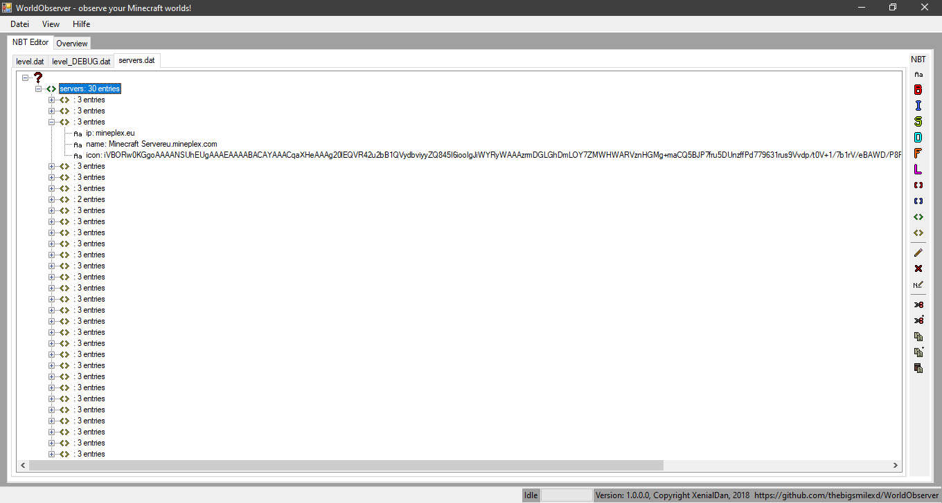 Screenshot of the program, with 3 files opened, currently showing the contents of servers.dat