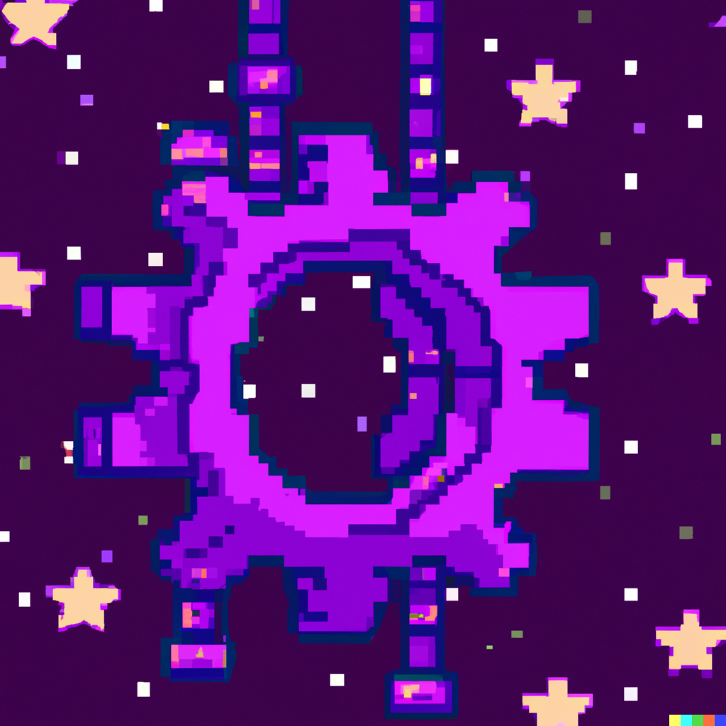 DALL·E 2022-12-16 18 05 46 - A mechanical gear with a purple starry background, pixel art