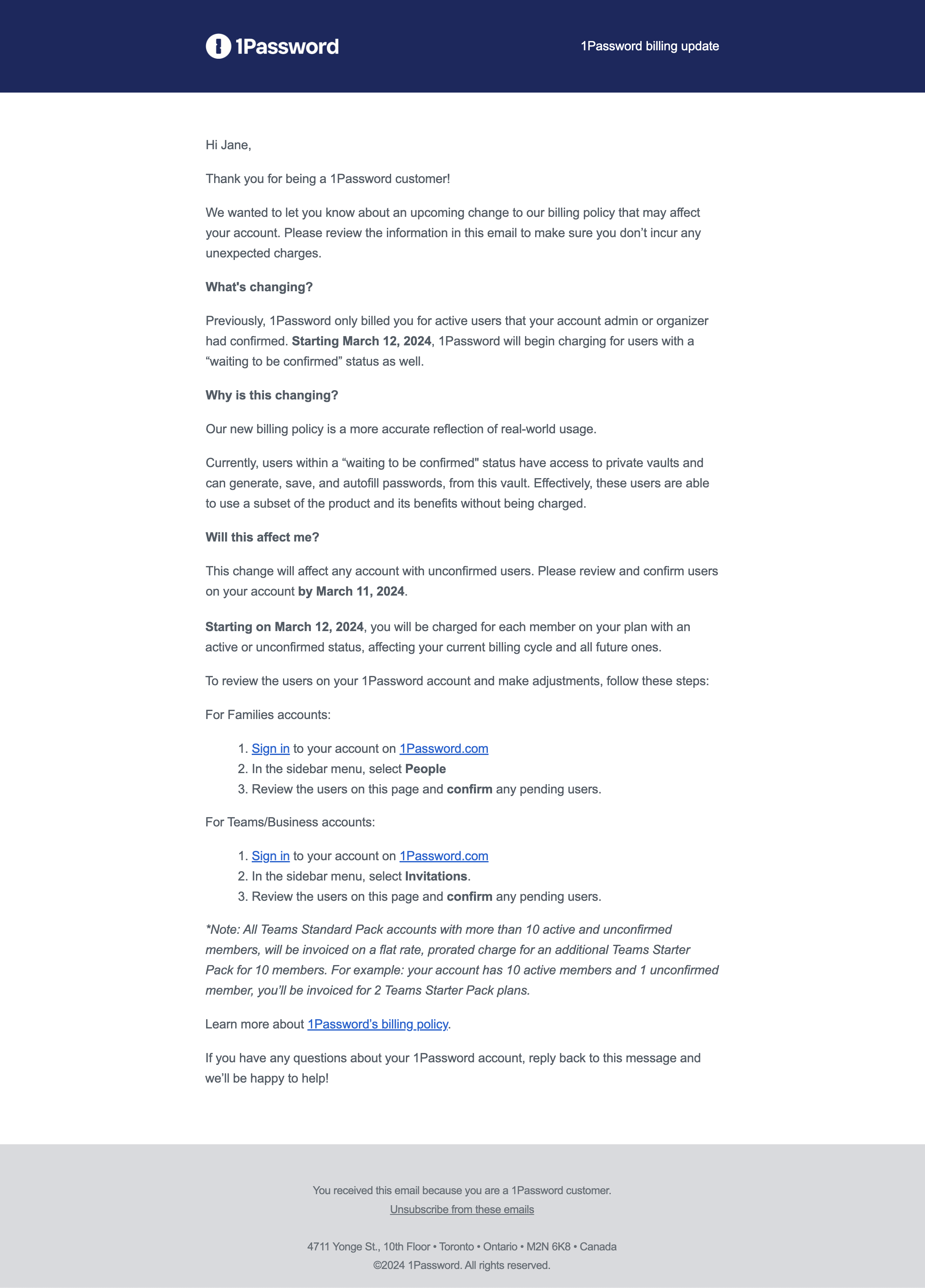 SaaS Pricing Update Emails: Screenshot of pricing update email from 1Password
