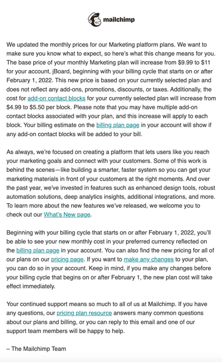 SaaS Pricing Update Emails: Screenshot of pricing update email from Mailchimp