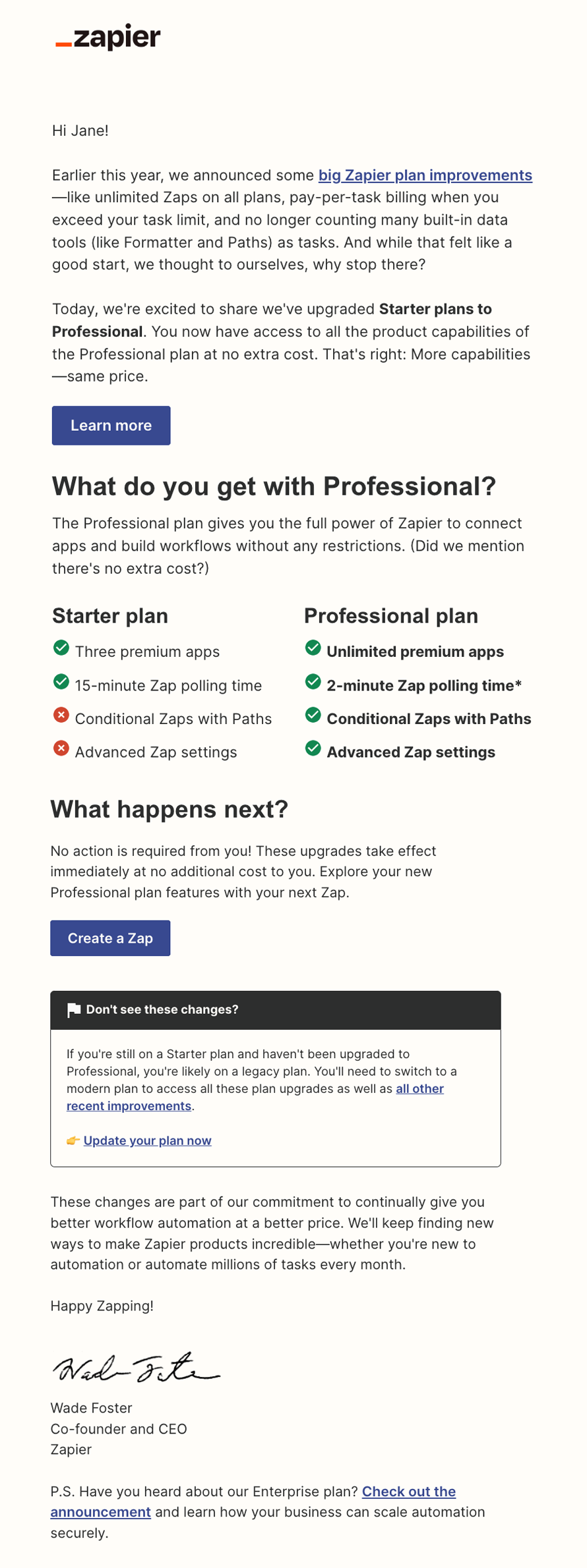 SaaS Pricing Update Emails: Screenshot of pricing update email from Zapier