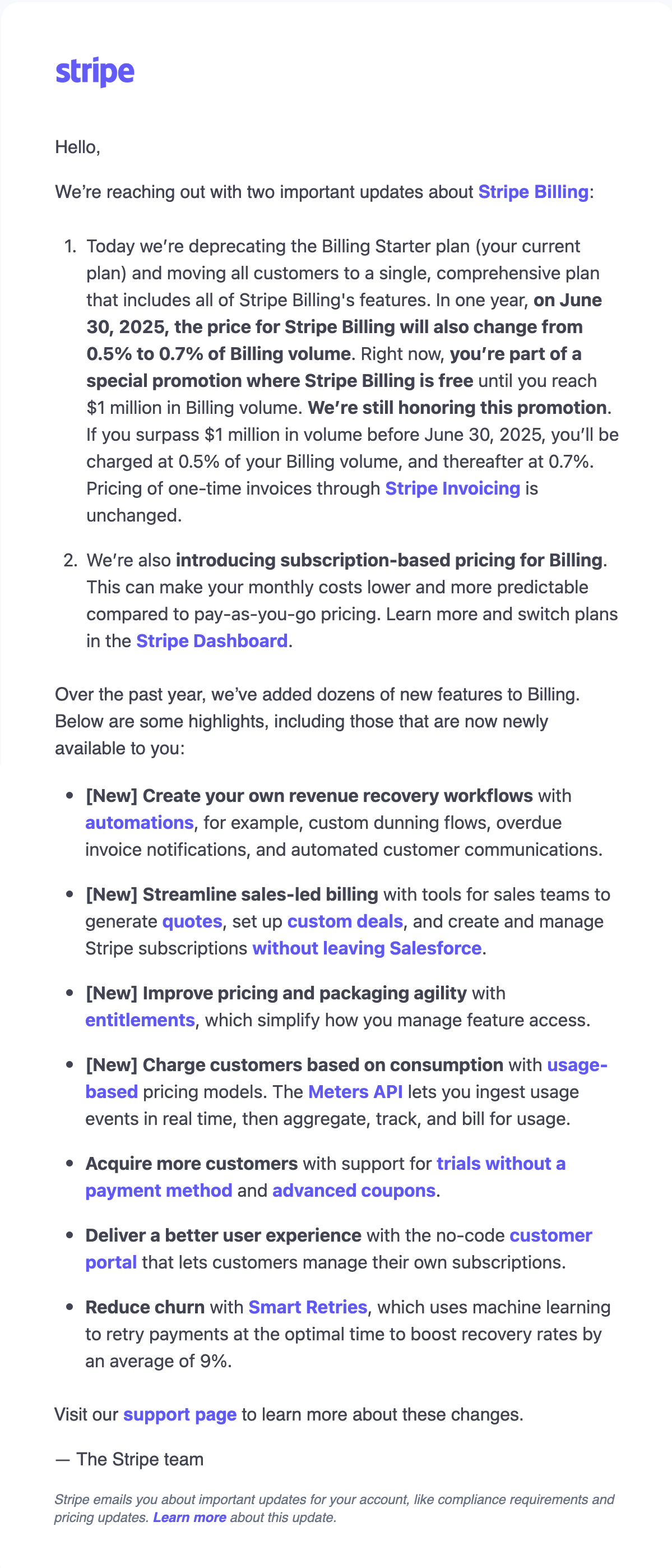 SaaS Pricing Update Emails: Screenshot of pricing update email from Stripe