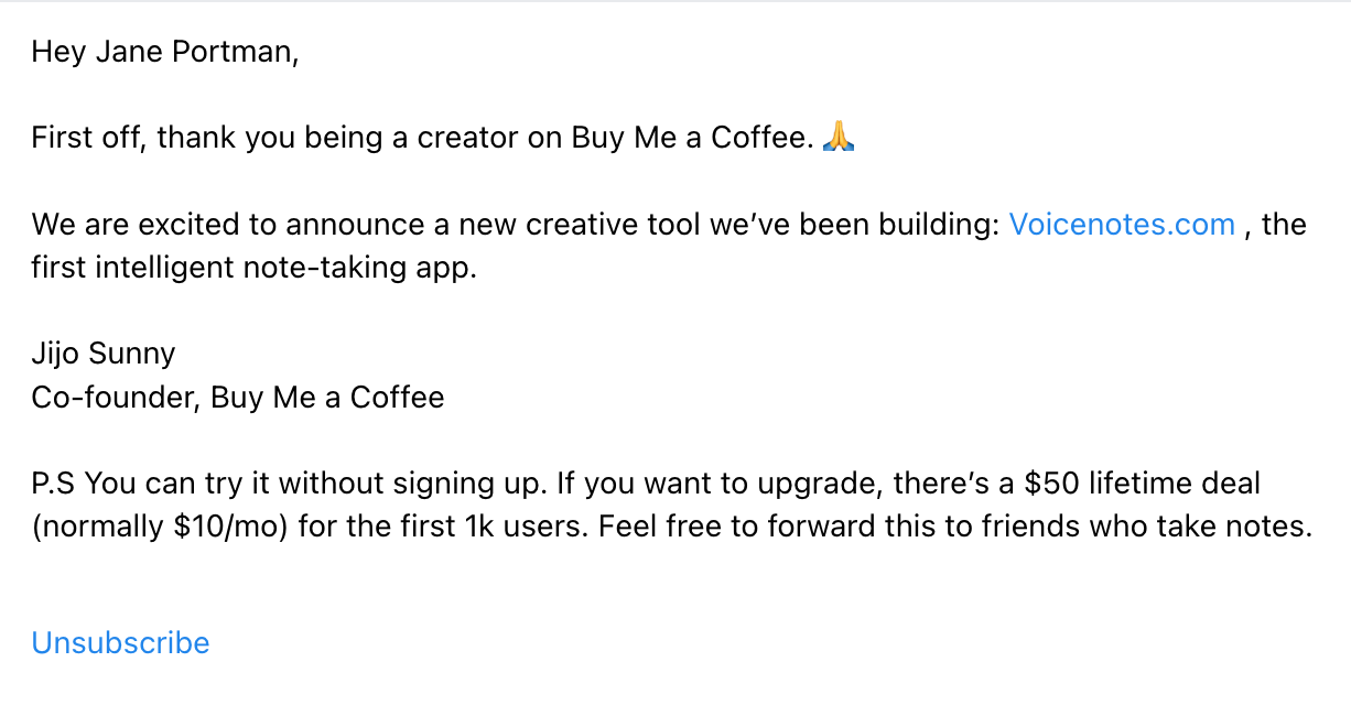 SaaS Product Launch Emails: Screenshot of Buy Me a Coffee's launch email