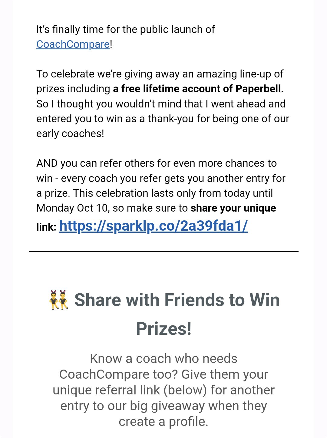 SaaS Product Launch Emails: Screenshot of CoachCompare's launch email