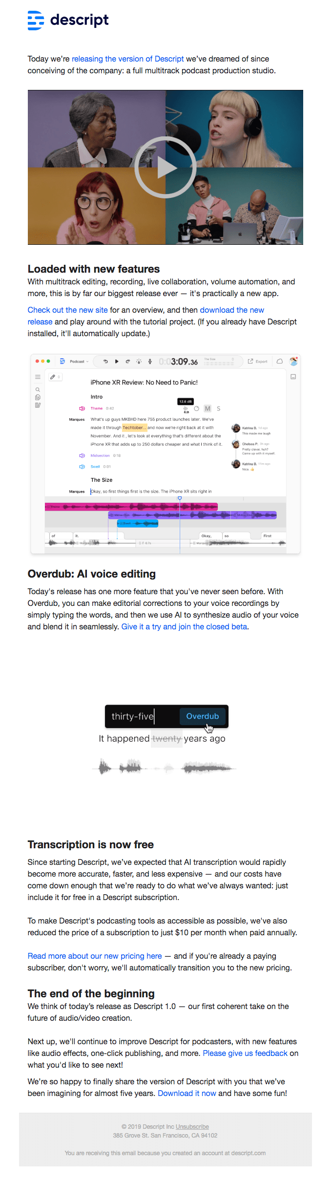 SaaS Product Launch Emails: Screenshot of Descript's launch email
