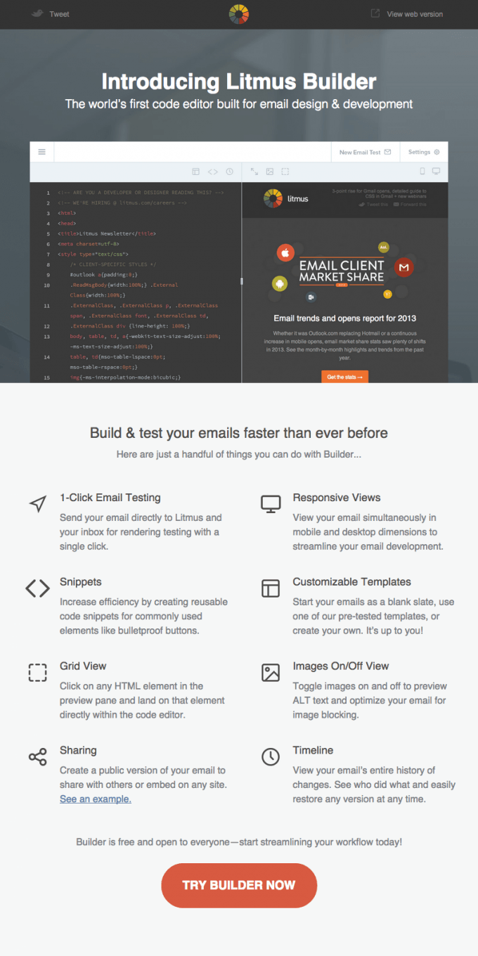 SaaS Product Launch Emails: Screenshot of Litmus Builder's launch email