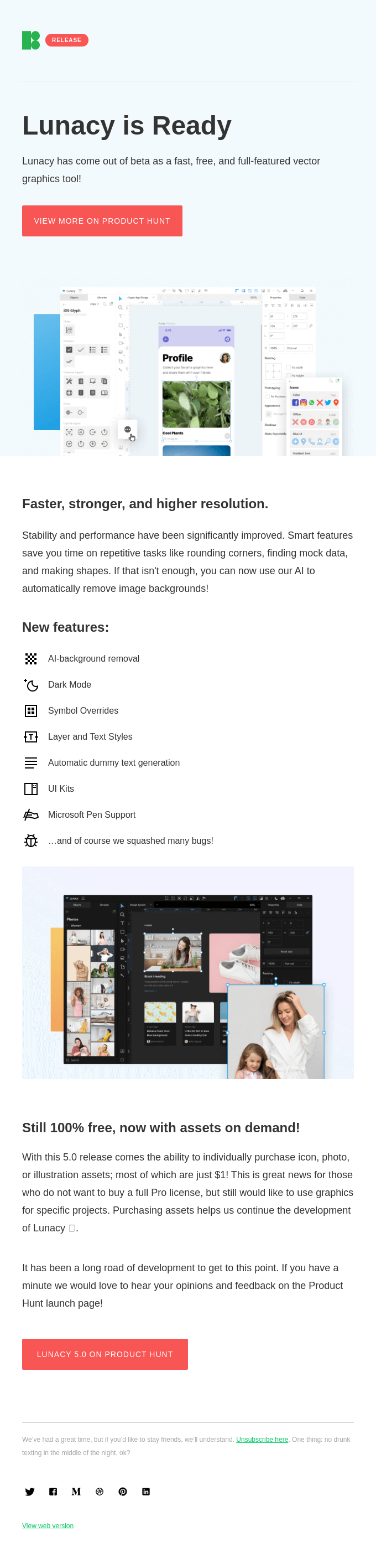 SaaS Product Launch Emails: Screenshot of Lunacy's launch email