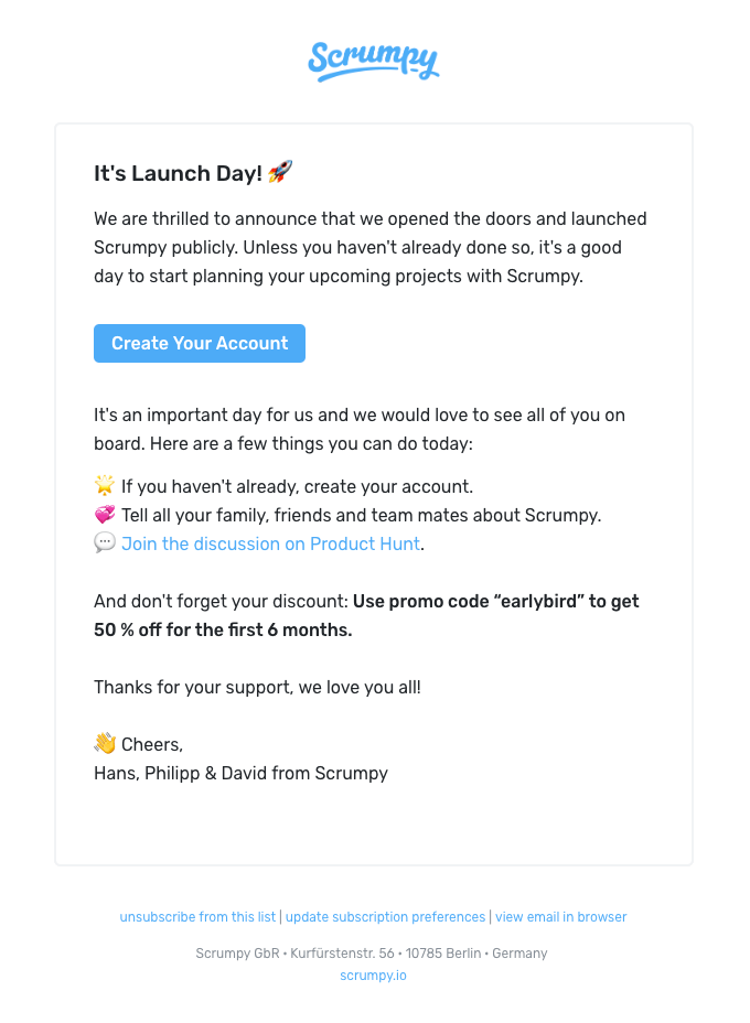 SaaS Product Launch Emails: Screenshot of Scrumpy's launch email