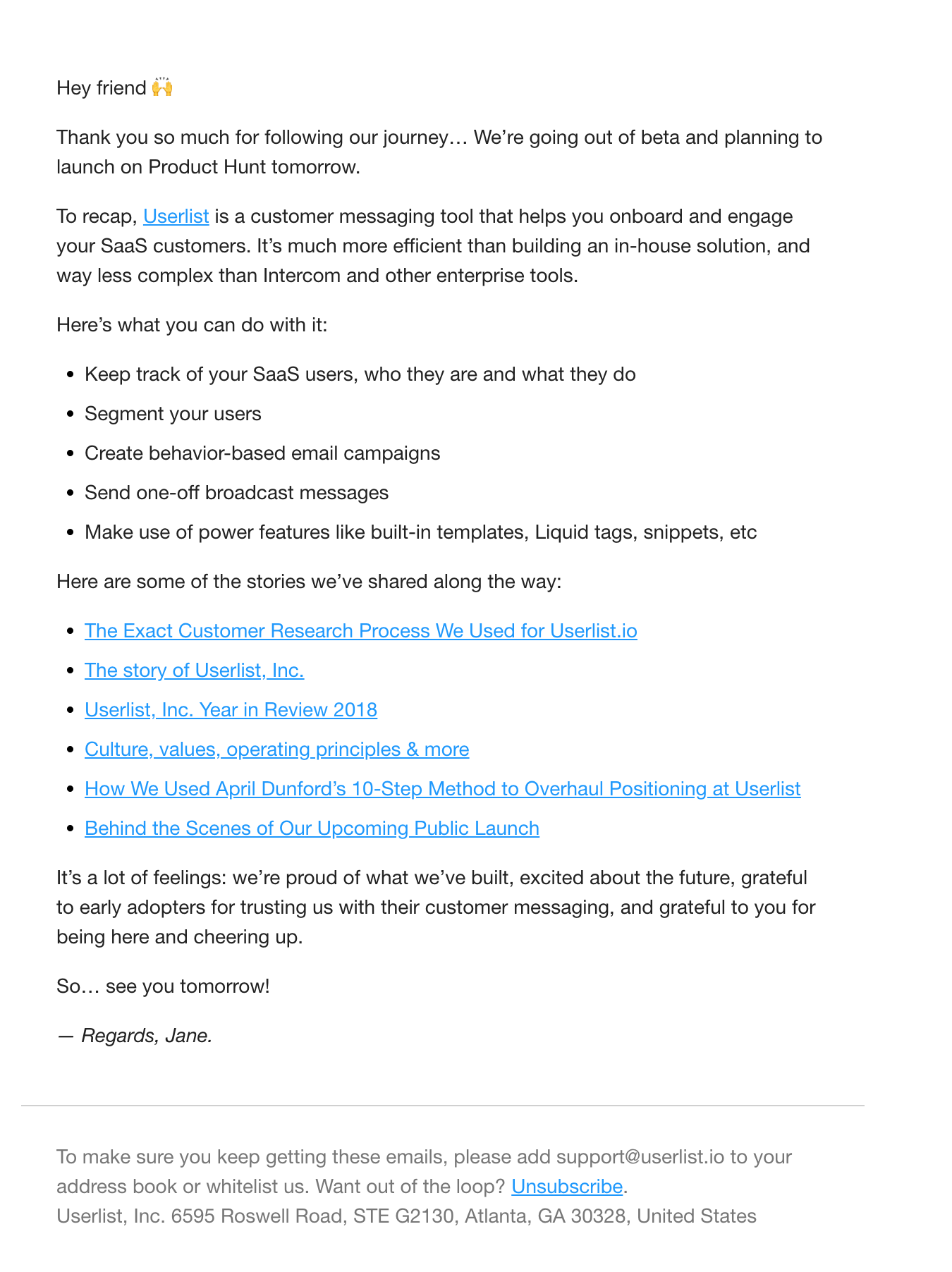 SaaS Product Launch Emails: Screenshot of Userlist's pre-launch email