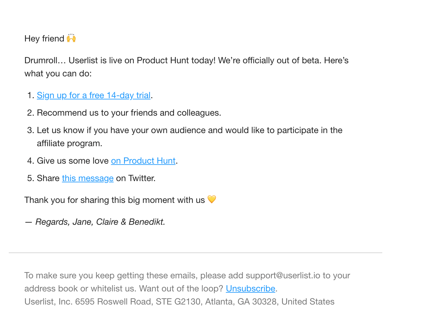 SaaS Product Launch Emails: Screenshot of Userlist's launch email