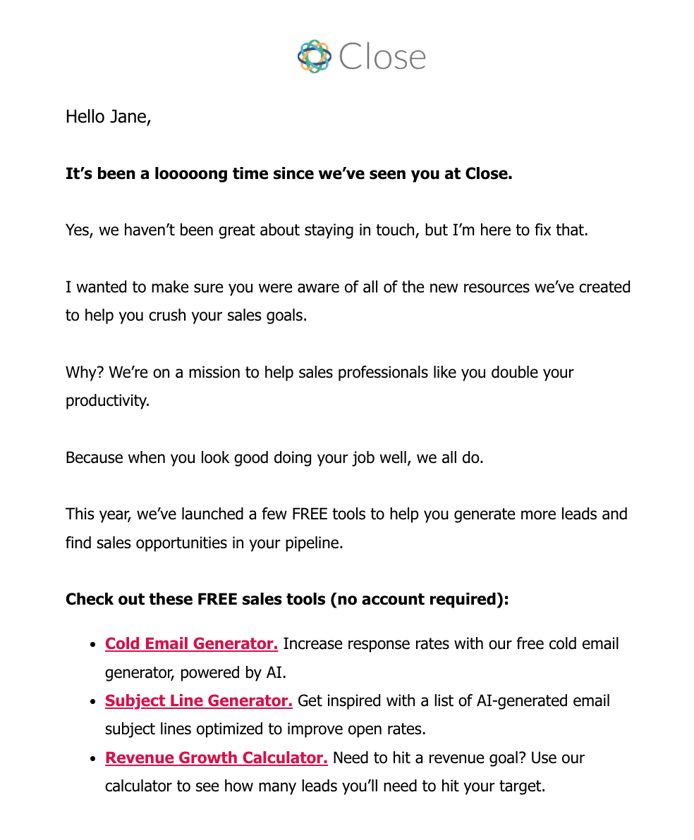 SaaS Re-engagement Emails: Screenshot of Close's email