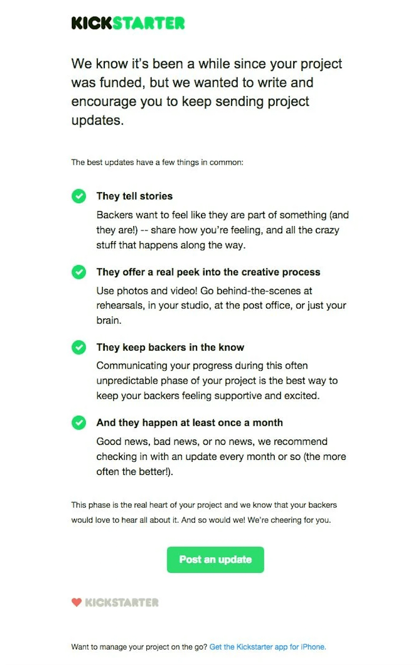 SaaS Re-engagement Emails: Screenshot of Kickstarter's email