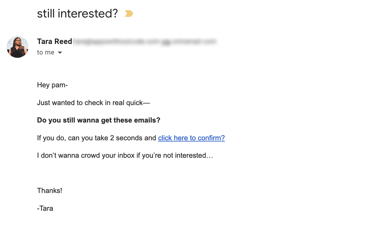 SaaS Re-engagement Emails: Screenshot of Tara Reed's email