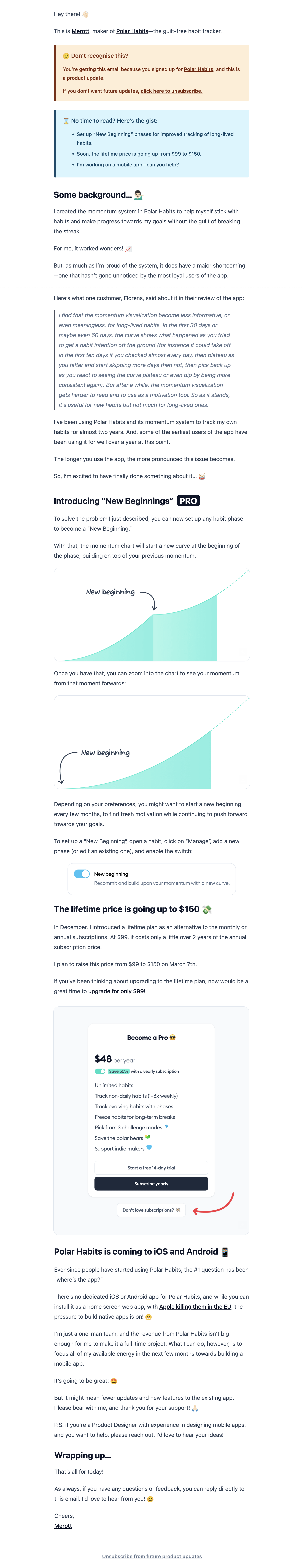 Storytelling in SaaS Emails: Screenshot of Polar Habits' email featuring a customer feedback