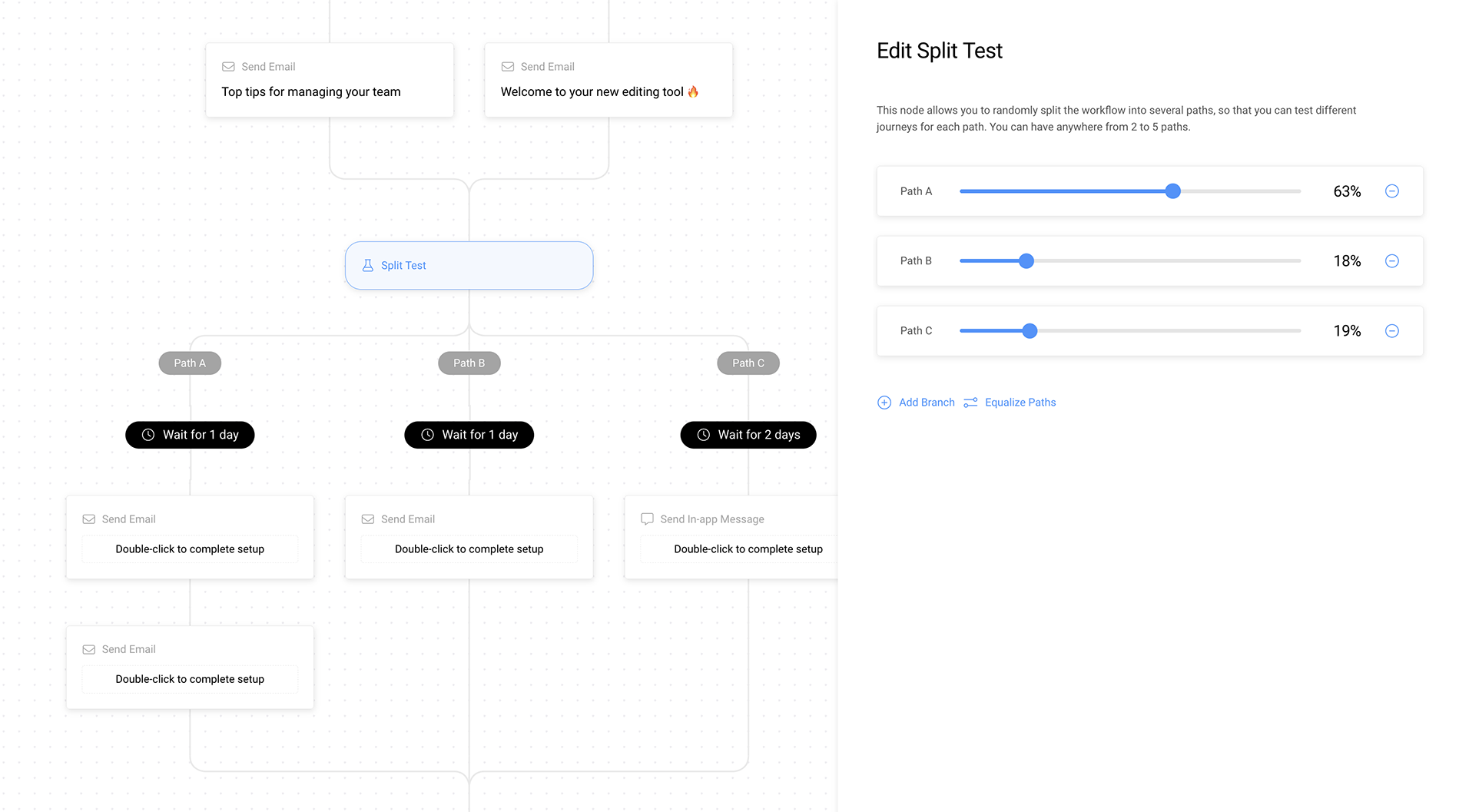 Editing a split test node in Userlist workflows