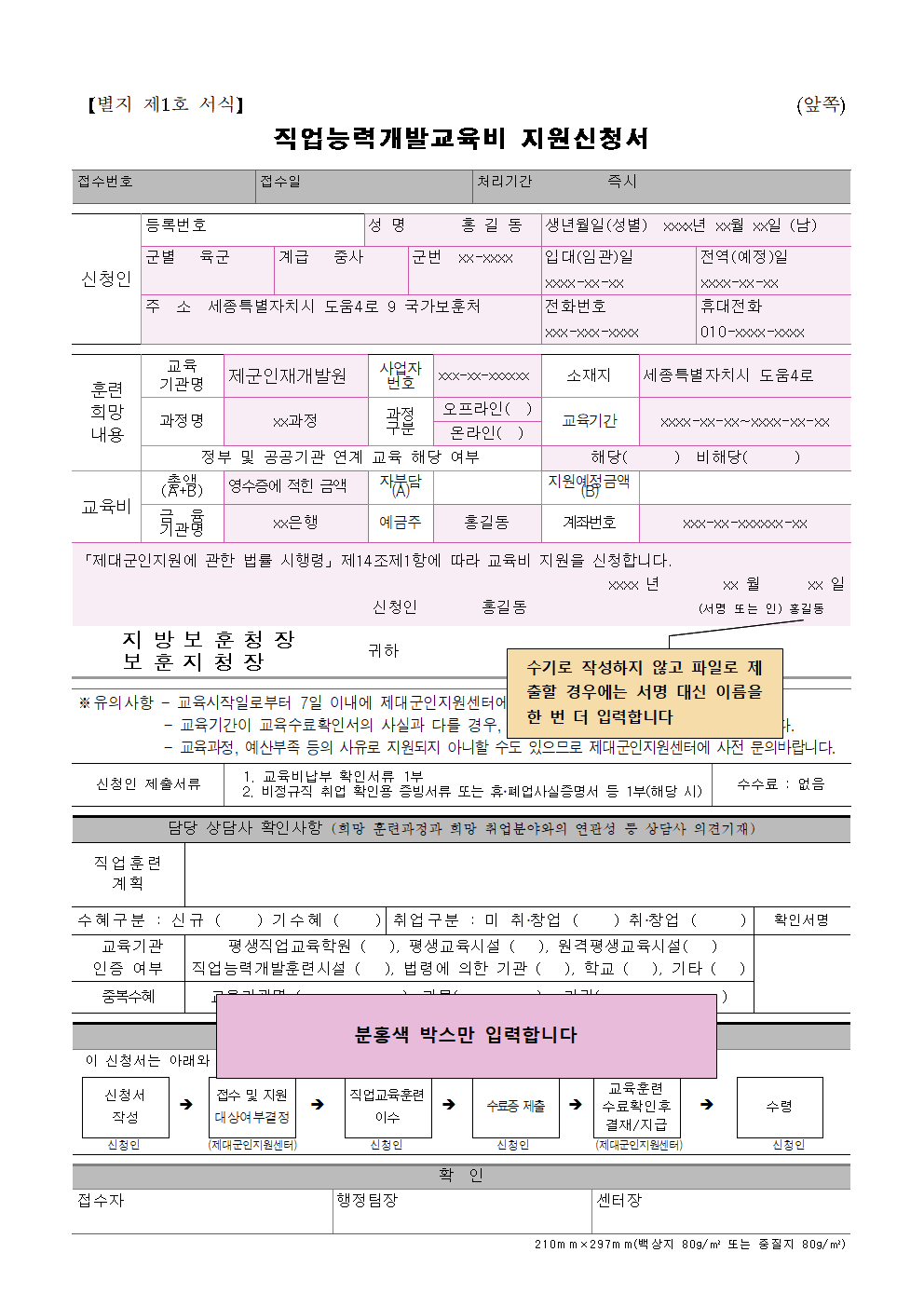 직업능력개발교육비 지원신청서(앞면)