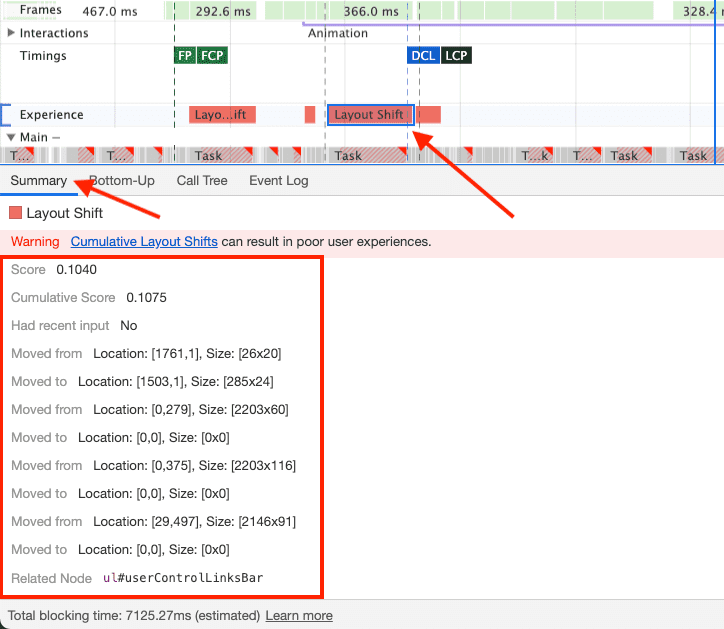 Captura de tela da guia &quot;Resumo&quot; do DevTools para uma mudança de layout