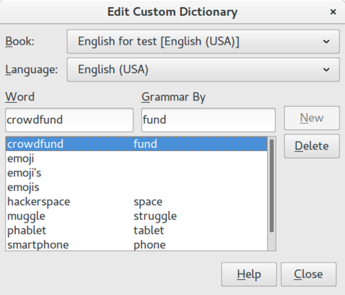 Using “Grammar By” field can help a language with simple morphology, too. The word forms of “emoji” show the original work of the user dictionaries. New automatic suffixation of the other English user words allows the recognition of 5 times more correct word forms: crowdfund, crowdfunds, crowdfund's, crowdfunder, crowdfunders, crowdfunding, hackerspace, hackerspaces, hackerspace’s, hackerspacing etc. But in a language with rich compounding, like German, or in an agglutinative language, like Hungarian (where a new word can have million different correct word forms: thousands of different suffixes multiplied by thousands of compound word forms), only using “Grammar By” feature can achieve effective user dictionaries creation and editing.