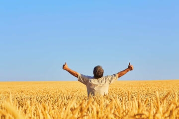 Ein Landwirt steht in einem Getreidefeld und freut sich