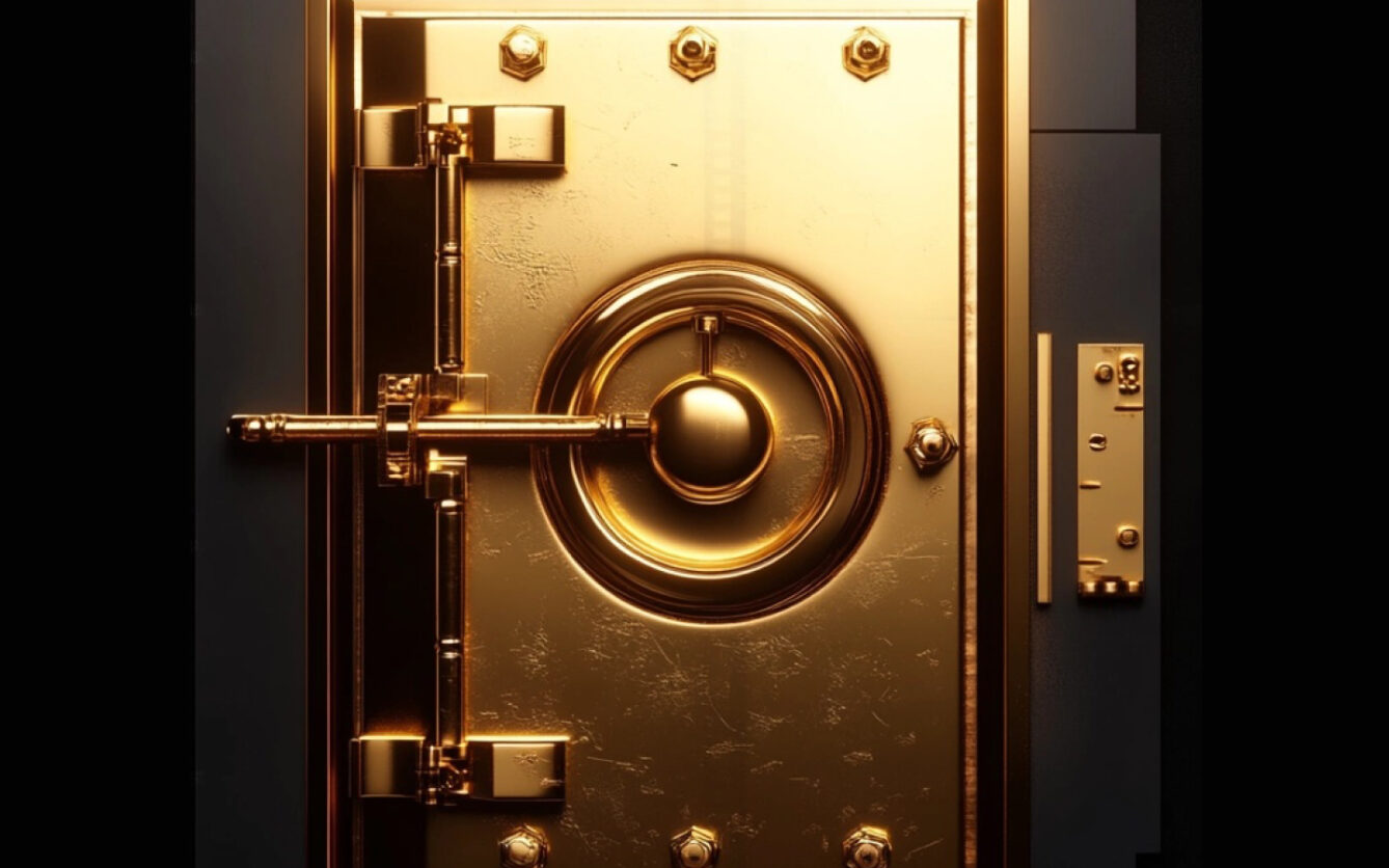 Detailed close-up of a luxurious gold bank vault door featuring intricate locking mechanisms and golden bolts, symbolizing security and wealth.