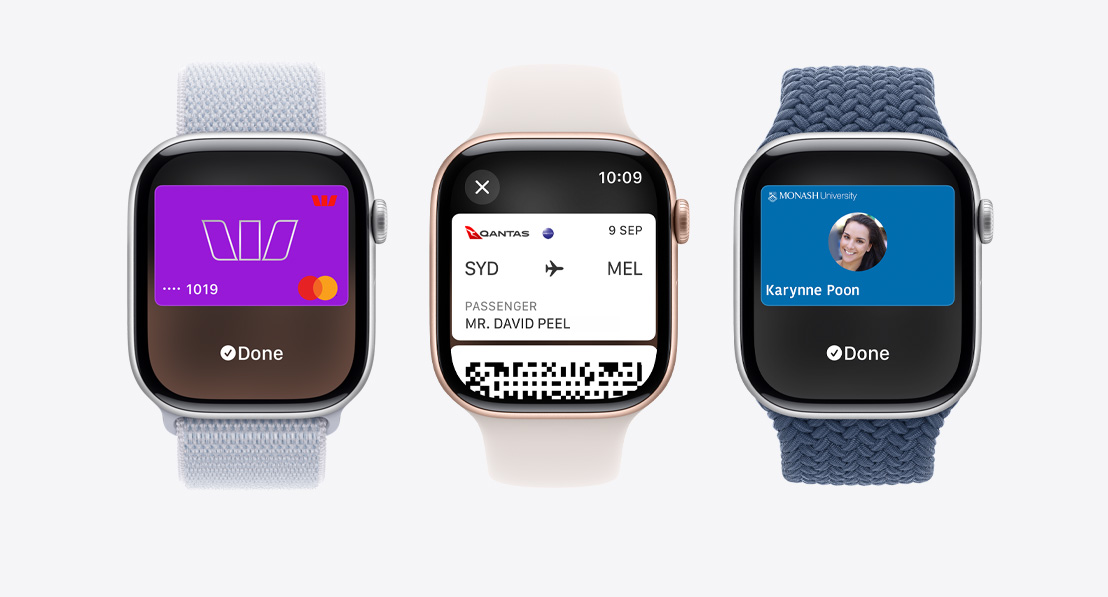 Three Apple Watch Series 9. The first shows Apple Card being used with Apple Pay. The second shows a transit card being used with the Wallet App. The third shows a home key being used through the Wallet app.